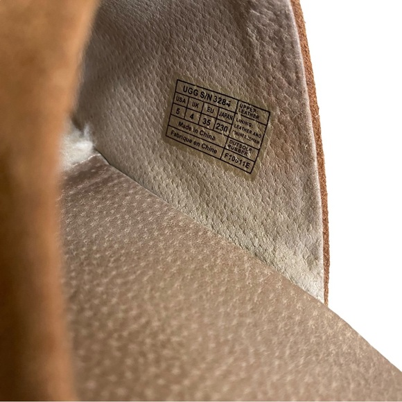 Ugg suede tan leather clogs mules slides wooden chunky heel shearling lining - Picture 5 of 10